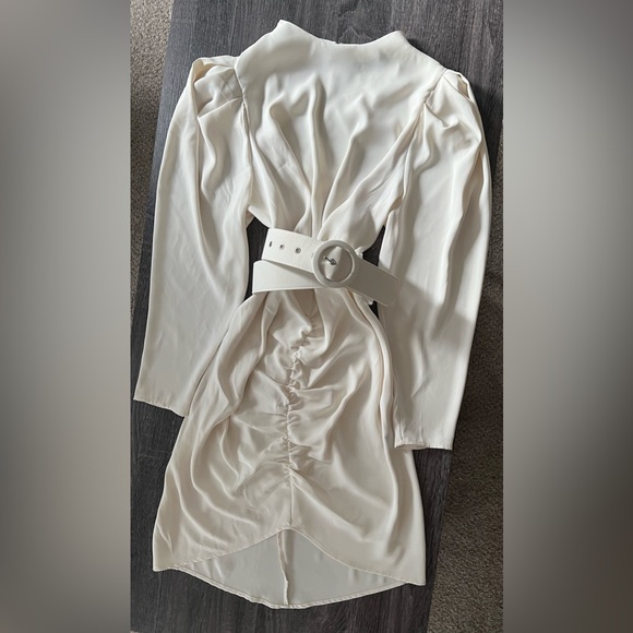 Fashion to Figure Cream Midi Cinched Dress with Ruching + Belt - Picture 2 of 15